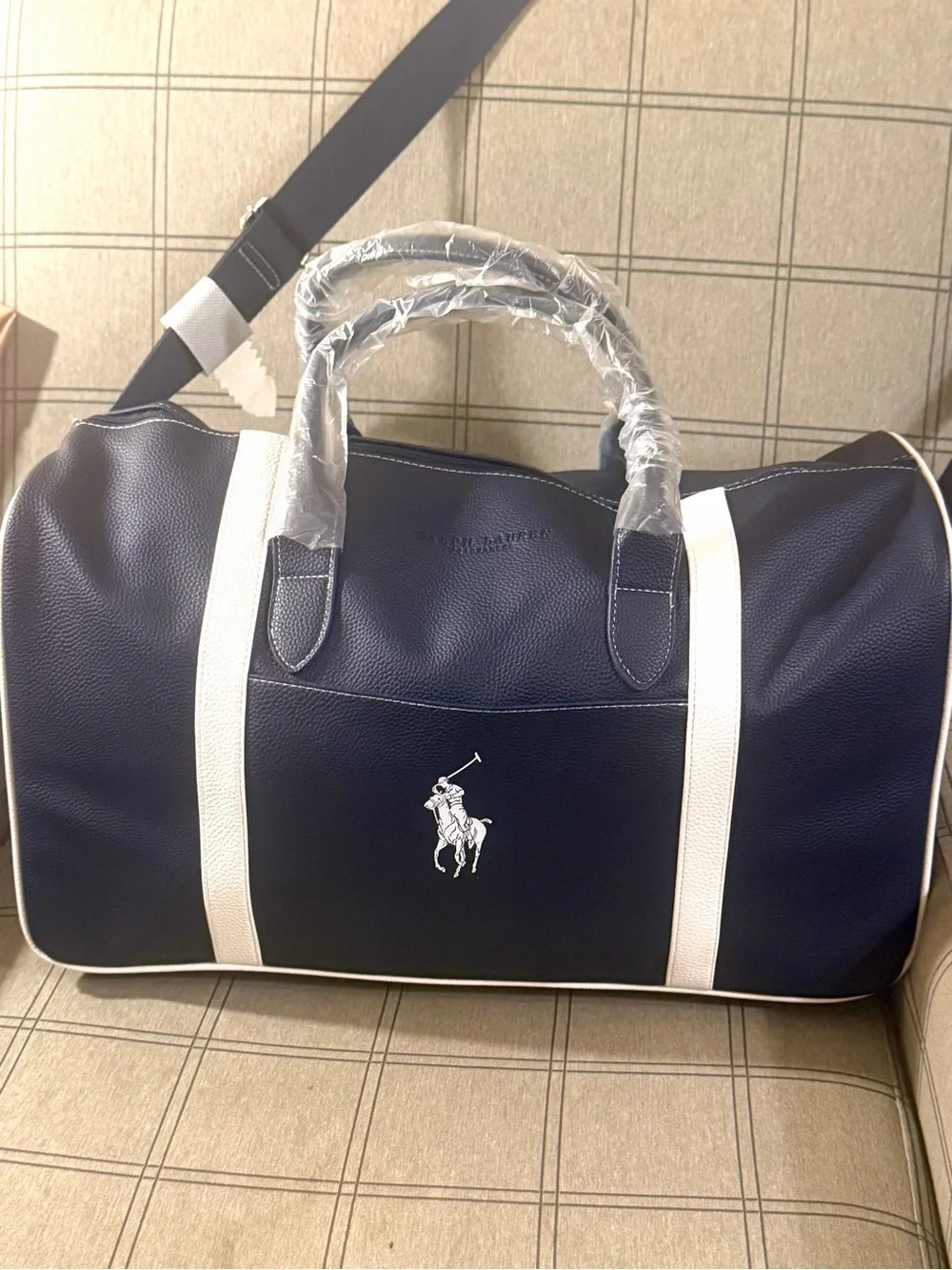 Classic !Ralph Lauren Navy and White Polo Large Vegan Leather Duffel Bag